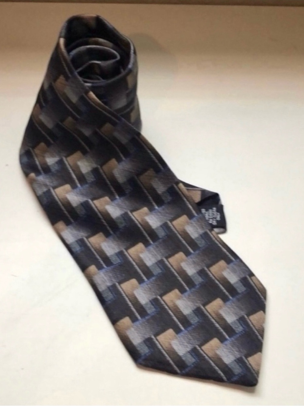 Stafford Tie Men’s Black, Tan & Blue Square Pattern Silk Tie Office Dress Career